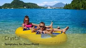  Presentation with water flow in pipe - PPT layouts consisting of boy-and-girl-on-inflatable background and a yellow colored foreground