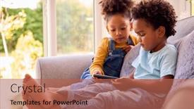  Presentation with computer - Slides with boy-and-girl-playing-handheld background and a coral colored foreground