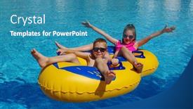  Presentation with swimming pool - Amazing PPT theme having boy-and-girl-with-inflatable backdrop and a teal colored foreground