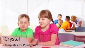  Presentation with employees working together - Slides with boy and girl working together background and a  colored foreground