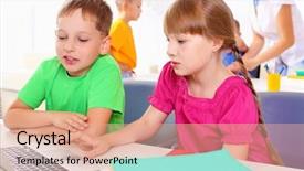  Presentation with working together - Amazing presentation theme having boy and girl working together backdrop and a  colored foreground