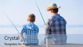  Presentation with word gone fishing - PPT theme with boy-and-his-father-fishing and a light blue colored foreground