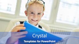  Presentation with documentation - Amazing PPT theme having boy-as-a-smiling-pupil backdrop and a teal colored foreground