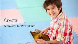  Presentation with playground - Audience pleasing slide deck consisting of boy at his yablet at playground backdrop and a sky blue colored foreground