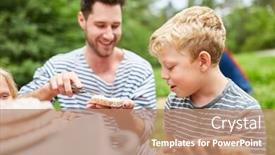  Presentation with camping - Slide set with boy at the bread smear for a picnic with the family on camping holiday background and a coral colored foreground