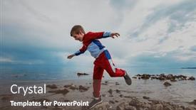  Presentation with rock - PPT theme featuring boy-balancing-on-rock background and a dark gray colored foreground