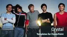  Presentation with teenagers - Audience pleasing presentation theme consisting of boy band - portrait of young casual teenagers backdrop and a wine colored foreground