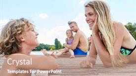  Presentation with lake dock - Beautiful PPT theme featuring boy bathes in the lake and talks with his mother on the dock in the summer holidays backdrop and a coral colored foreground