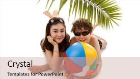  Presentation with beach ball - Theme featuring boy beach ball - kids lying on white background background and a coral colored foreground
