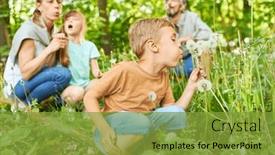  Presentation with summer holiday - Presentation theme featuring boy-blowing-dandelion-with-family background and a gold colored foreground