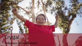  Presentation with obstacle course - Cool new PPT theme with boy cheering during obstacle course backdrop and a crimson colored foreground