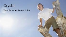  Presentation with low angle view of volleyball - Cool new PPT layouts with boy climbing on dead tree backdrop and a light blue colored foreground
