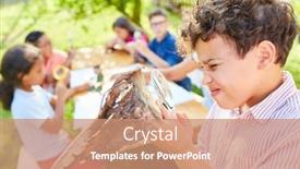  Presentation with summer camp - PPT layouts enhanced with boy-curiously-looks-at-tree background and a coral colored foreground