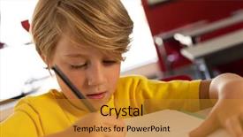  Presentation with front desk - Slide deck having boy drawing sketch on book background and a gold colored foreground