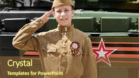  Presentation with second world war - Colorful presentation theme enhanced with boy dressed in soviet military backdrop and a tawny brown colored foreground