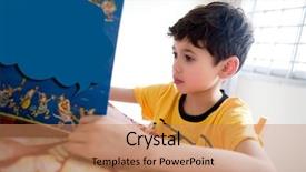  Presentation with storybook - PPT theme featuring boy eagerly reading his storybook background and a  colored foreground