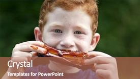  Presentation with bbq - Audience pleasing PPT theme consisting of boy eating a bbq rib backdrop and a coral colored foreground