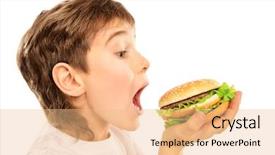  Presentation with fast food healthy - PPT theme with boy eating burger with appetite background and a coral colored foreground