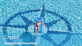  Presentation with mattress - Presentation design featuring boy floats on an inflatable mattress in the pool and relaxes background and a teal colored foreground