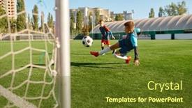  Presentation with sports field - Slide deck with boy-football-player-kicking-ball background and a tawny brown colored foreground