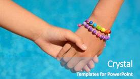  Presentation with children hands - PPT theme featuring boy friend girl friend - children hands over blue water background and a teal colored foreground