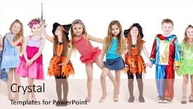  Presentation with dads and children - Cool new PPT theme with boy girl - 13 happy children in costumes backdrop and a coral colored foreground