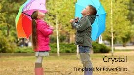  Presentation with cute - Colorful PPT layouts enhanced with boy girl - cute children with umbrellas backdrop and a yellow colored foreground