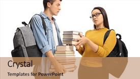  Presentation with stack books - Slide set featuring boy girl - female teen student giving background and a coral colored foreground