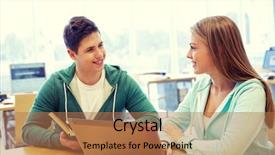  Presentation with school technology - Colorful slide deck enhanced with boy girl - people education technology and school backdrop and a coral colored foreground