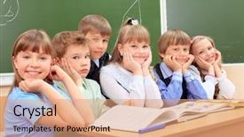  Presentation with classroom - Amazing PPT theme having boy girl blackboard - happy schoolchildren at a classroom backdrop and a coral colored foreground