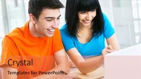  Presentation with college students - Colorful PPT theme enhanced with boy girl blackboard - happy students with laptop working backdrop and a  colored foreground