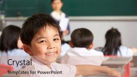  Presentation with pupil - Theme consisting of boy girl blackboard - portrait of male pupil working background and a coral colored foreground