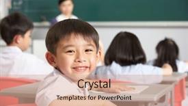  Presentation with school desk - Slide set consisting of boy girl blackboard - portrait of male pupil working background and a coral colored foreground