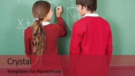  Presentation with rear view mirror - PPT theme featuring boy girl blackboard - rear view of teenage students background and a crimson colored foreground