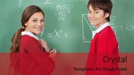  Presentation with school board - Slide deck featuring boy girl blackboard - side view portrait of teenage background and a crimson colored foreground