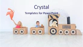  Presentation with children playing - Presentation design featuring boy girl friendship - little children playing with cardboard background and a sky blue colored foreground