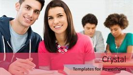  Presentation with school desk - Presentation design with boy girl sitting together desk school - happy smiling students studying background and a red colored foreground