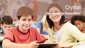  Presentation with using digital tablet - Presentation theme having boy girl sitting together desk school - pupils in class using digital background and a coral colored foreground
