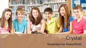  Presentation with library - Colorful slide deck enhanced with boy girl sitting together desk school - teenage students in library reading backdrop and a coral colored foreground