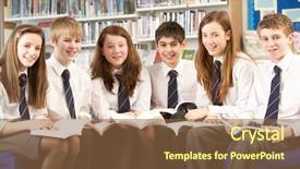  Presentation with library - Theme featuring boy girl sitting together desk school - teenage students in library reading background and a tawny brown colored foreground