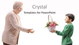  Presentation with white flowers - Audience pleasing theme consisting of boy-giving-flowers-to-grandmother backdrop and a white colored foreground