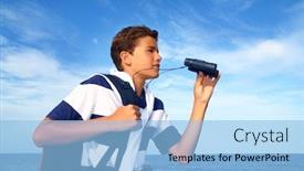  Presentation with explorer - PPT theme with boy handsome teenager summer binoculars explorer in blue beach background and a light blue colored foreground