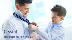  Presentation with helping - Audience pleasing PPT theme consisting of boy helping his father tie backdrop and a sky blue colored foreground