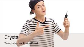  Presentation with car key - Presentation theme consisting of boy holding a car key background and a soft green colored foreground