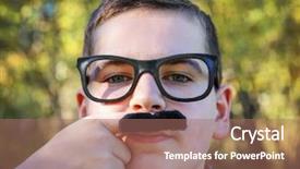  Presentation with anonymous invisible face in urban - Slide deck with boy holding a finger mustache background and a coral colored foreground