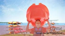  Presentation with kayak - Slide set consisting of boy-holding-a-kayak background and a coral colored foreground