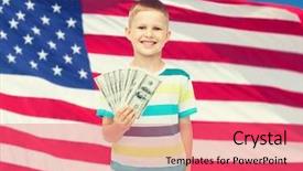  Presentation with financial planning - Cool new PPT theme with boy holding dollar cash money backdrop and a  colored foreground