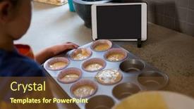  Presentation with muffin - Presentation design featuring boy holding muffin tin with cupcake holders by digital tablet at kitchen counter background and a tawny brown colored foreground