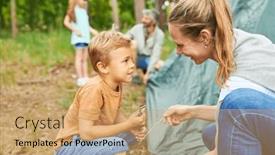  Presentation with tent - PPT theme having boy-holding-pegs-and-talking background and a coral colored foreground