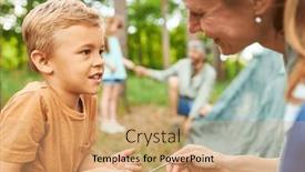  Presentation with tent - PPT theme featuring boy-holding-tent-pegs background and a coral colored foreground